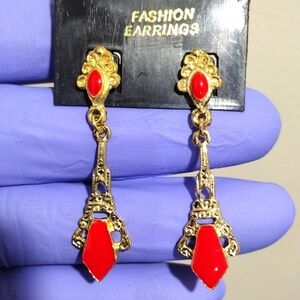 Women's Stylish Gold-tone Filigree Red Color Stone Drop Dangle Earrings - 1.75"